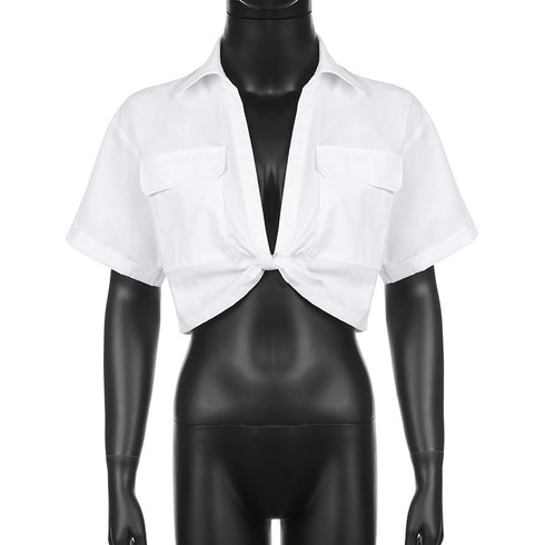 Women's Crop Navel Twist Solid Polo Collar Shirt T-Shirt Top - ROUTINE FASHION